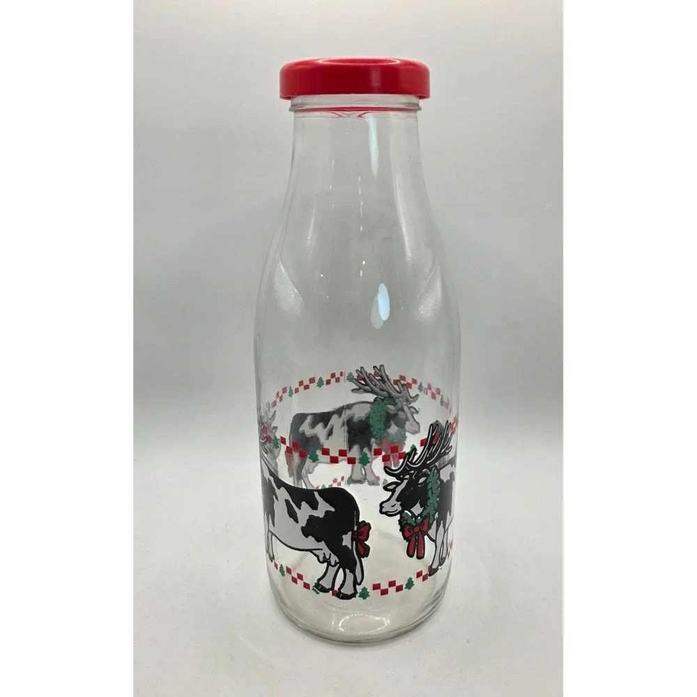 Vintage Style Christmas Cow Glass Milk Bottle Red Lid Holiday Reindeer Decor